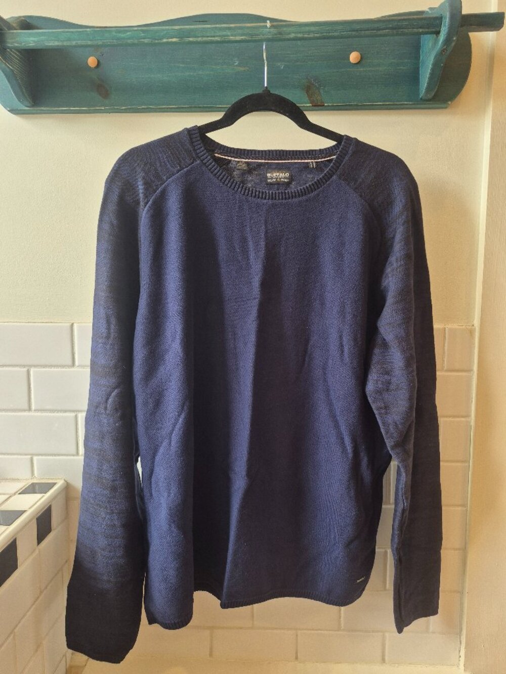 BUFFALO David Bitton Navy Crew Neck Sweater Men's Large 100% Cotton Lightweight